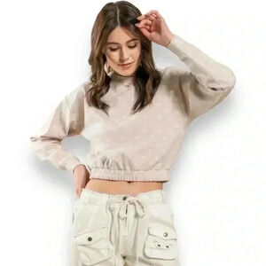 BLU PEPPER Dot Print Crew Neck Cropped Top long sleeve blush pink and cream NEW!